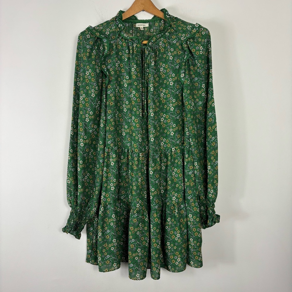 Max Studio Green Tiered Dress Women’s L Long Sleeve Floral Pattern Ruffle